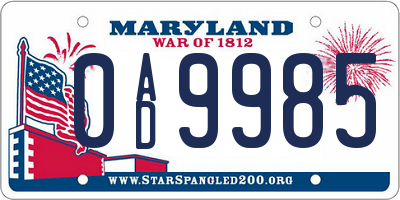 MD license plate 0AD9985