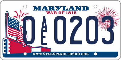MD license plate 0AE0203