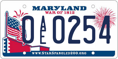 MD license plate 0AE0254