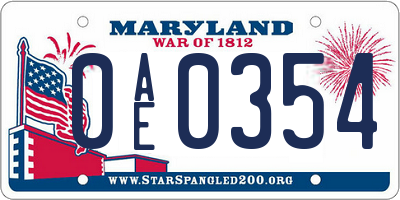 MD license plate 0AE0354