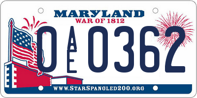MD license plate 0AE0362