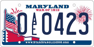MD license plate 0AE0423