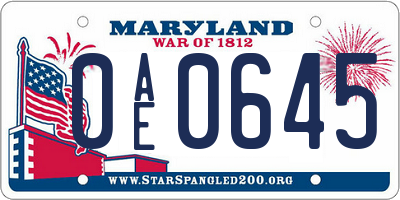 MD license plate 0AE0645
