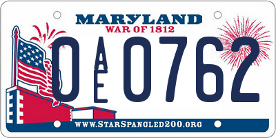 MD license plate 0AE0762