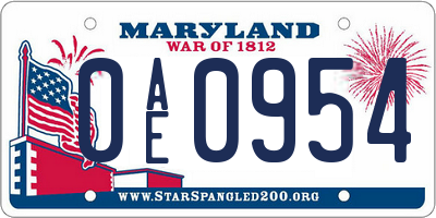MD license plate 0AE0954