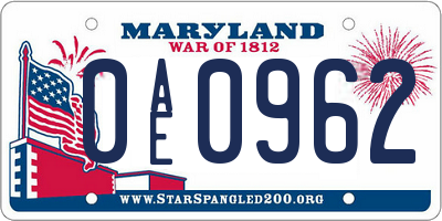 MD license plate 0AE0962