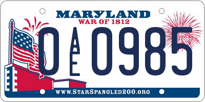 MD license plate 0AE0985
