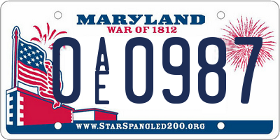 MD license plate 0AE0987