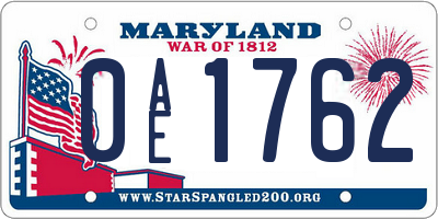 MD license plate 0AE1762