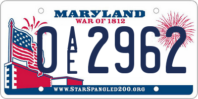 MD license plate 0AE2962