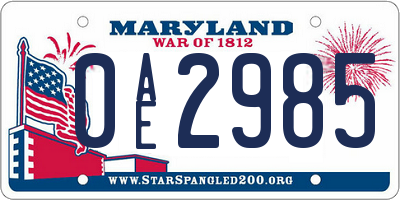 MD license plate 0AE2985