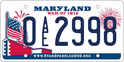MD license plate 0AE2998