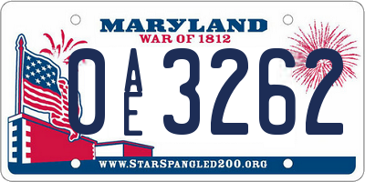 MD license plate 0AE3262