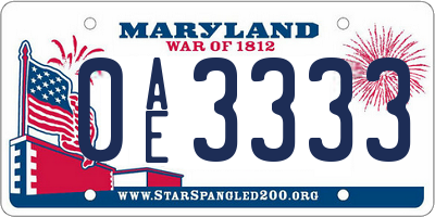 MD license plate 0AE3333