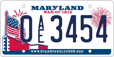 MD license plate 0AE3454