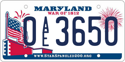 MD license plate 0AE3650
