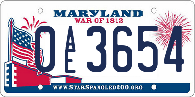 MD license plate 0AE3654
