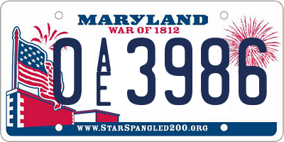 MD license plate 0AE3986