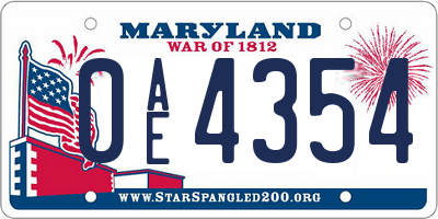 MD license plate 0AE4354