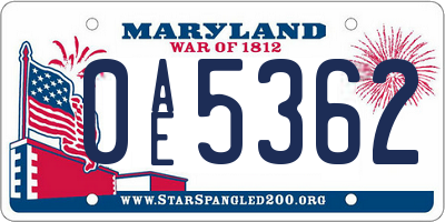 MD license plate 0AE5362