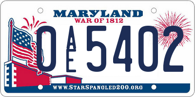 MD license plate 0AE5402