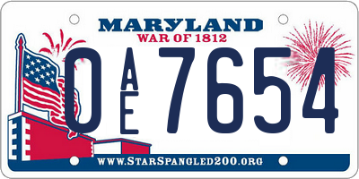 MD license plate 0AE7654