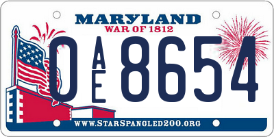 MD license plate 0AE8654