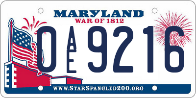 MD license plate 0AE9216