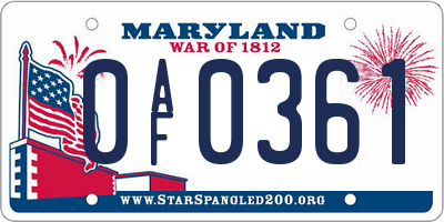 MD license plate 0AF0361