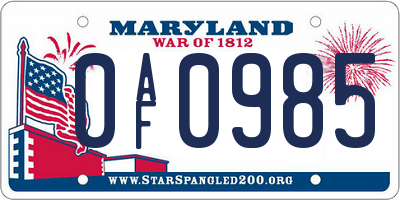 MD license plate 0AF0985