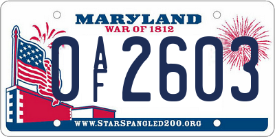 MD license plate 0AF2603
