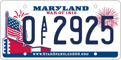 MD license plate 0AF2925