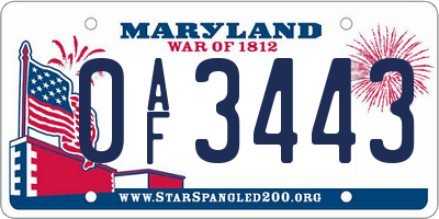 MD license plate 0AF3443