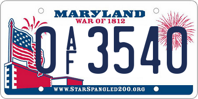 MD license plate 0AF3540