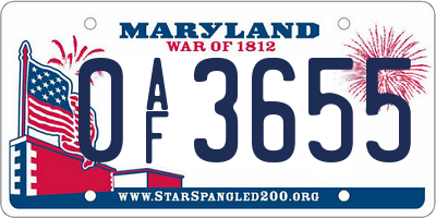 MD license plate 0AF3655