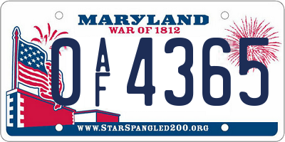 MD license plate 0AF4365