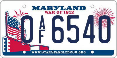 MD license plate 0AF6540