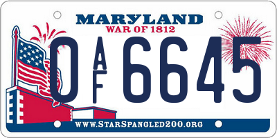 MD license plate 0AF6645