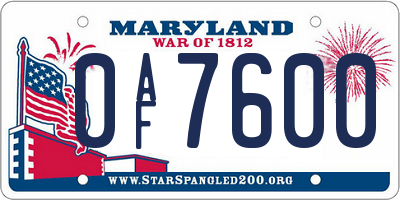 MD license plate 0AF7600