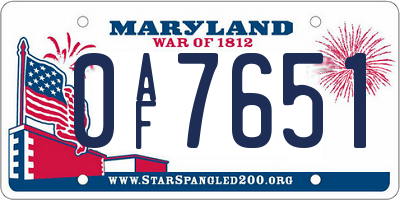 MD license plate 0AF7651
