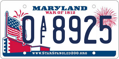 MD license plate 0AF8925