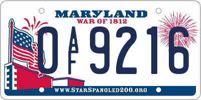MD license plate 0AF9216