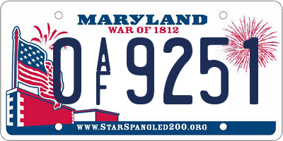 MD license plate 0AF9251