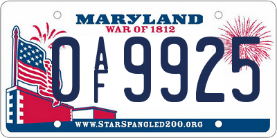 MD license plate 0AF9925