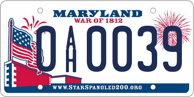 MD license plate 0AH0039