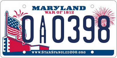 MD license plate 0AH0398