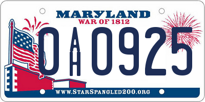 MD license plate 0AH0925