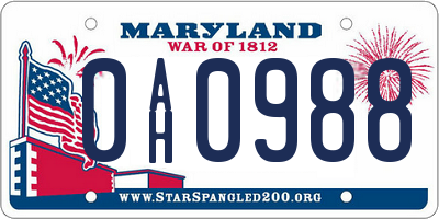 MD license plate 0AH0988