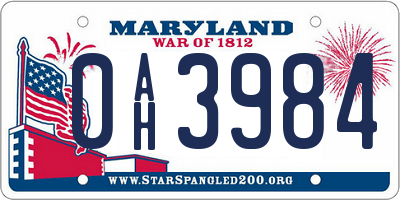 MD license plate 0AH3984
