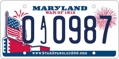 MD license plate 0AJ0987